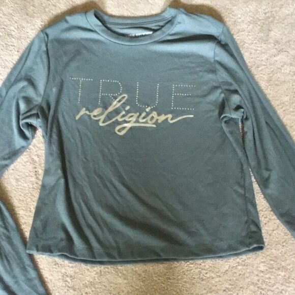 True Religion Logo Bluish Green Long Sleeve Termal Style Top - Picture 1 of 3